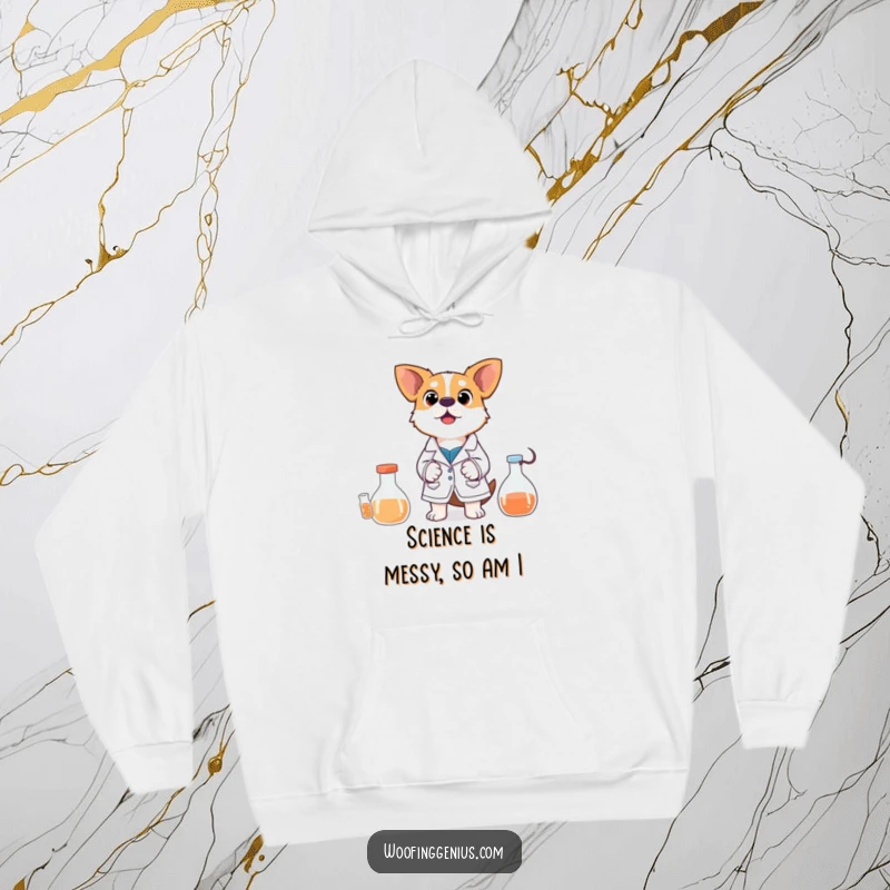 Funny Hoodie: A dog in a lab coat looks comically surprised by the outcome of an experiment, a humorous scientific mishap.