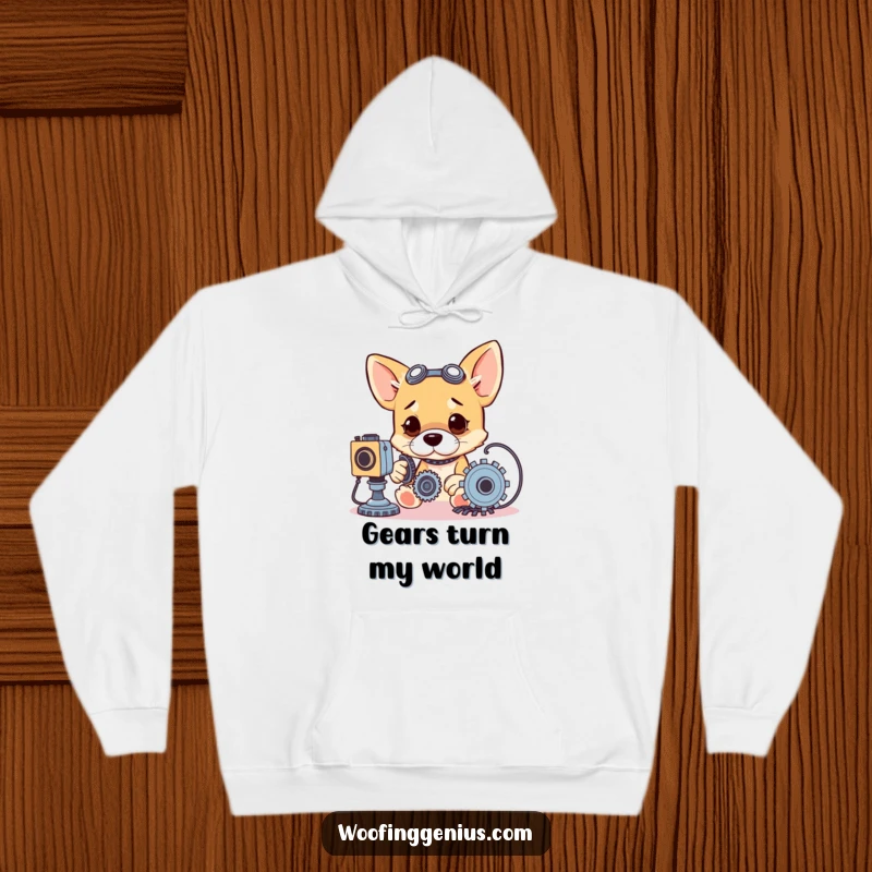 Funny hoodie depicting a determined dog engrossed in mechanical tinkering with gears and wires.
