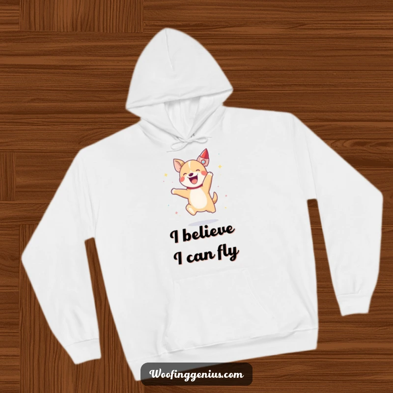 Funny, ecstatic dog jumping, a miniature rocket ship blasting off in the background, soft and cozy hoodie design.