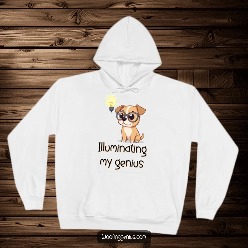 Funny hoodie featuring a wise dog in oversized spectacles contemplating a bright, glowing lightbulb, showcasing comical intellectual pondering.