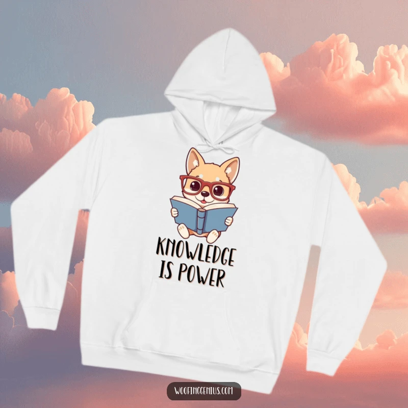 Funny hoodie showcasing a dog wearing oversized glasses, intently reading a thick book, a symbol of intellectual curiosity and canine charm.