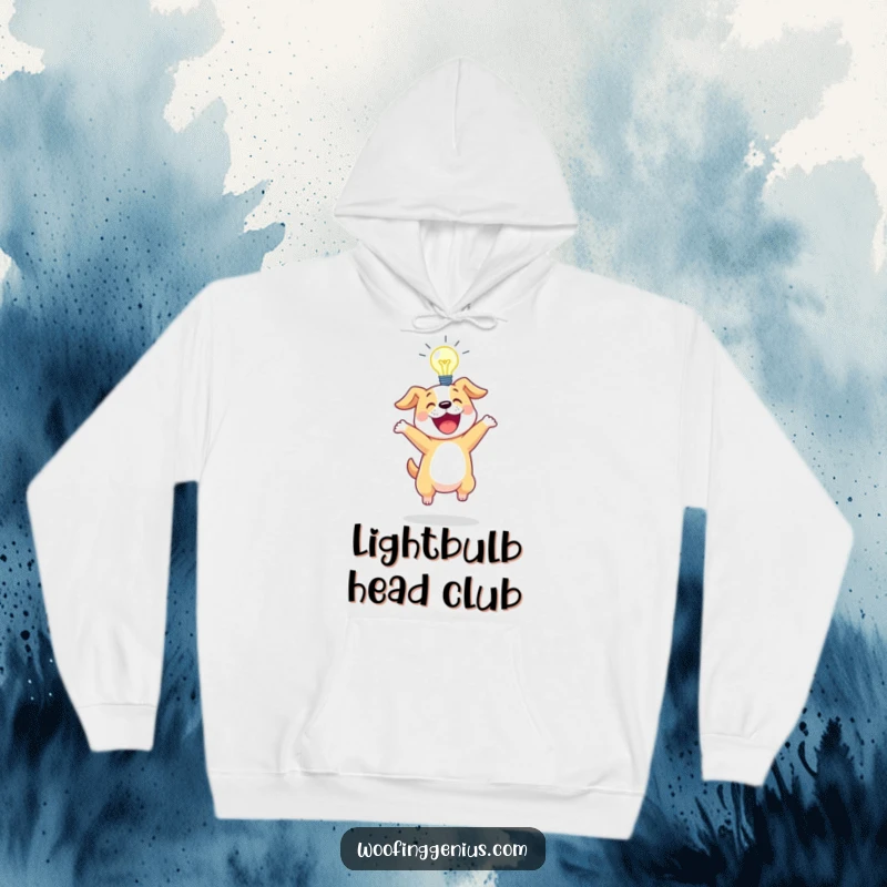 Funny hoodie showing an excited dog bouncing with a brightly glowing lightbulb above its head.