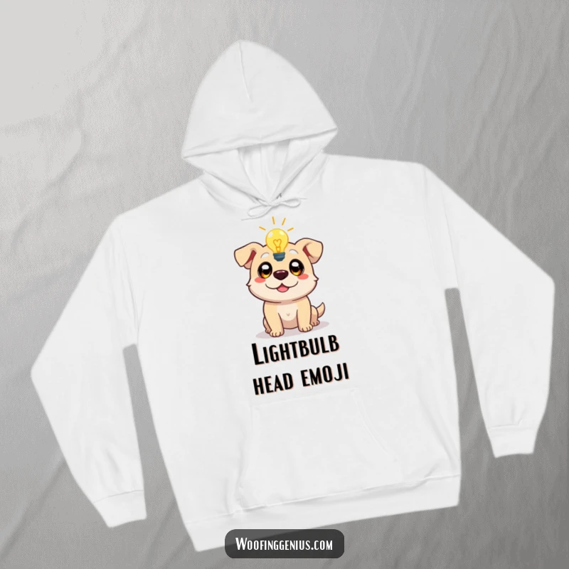 Funny hoodie featuring a dog character with a bright lightbulb illuminating its head, eyes wide, signifying a moment of brilliant inspiration.