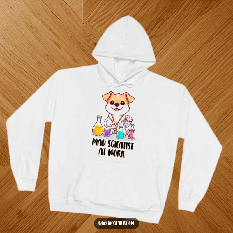 Funny dog hoodie depicting a dog in a tiny lab coat mixing colorful liquids with a smile.