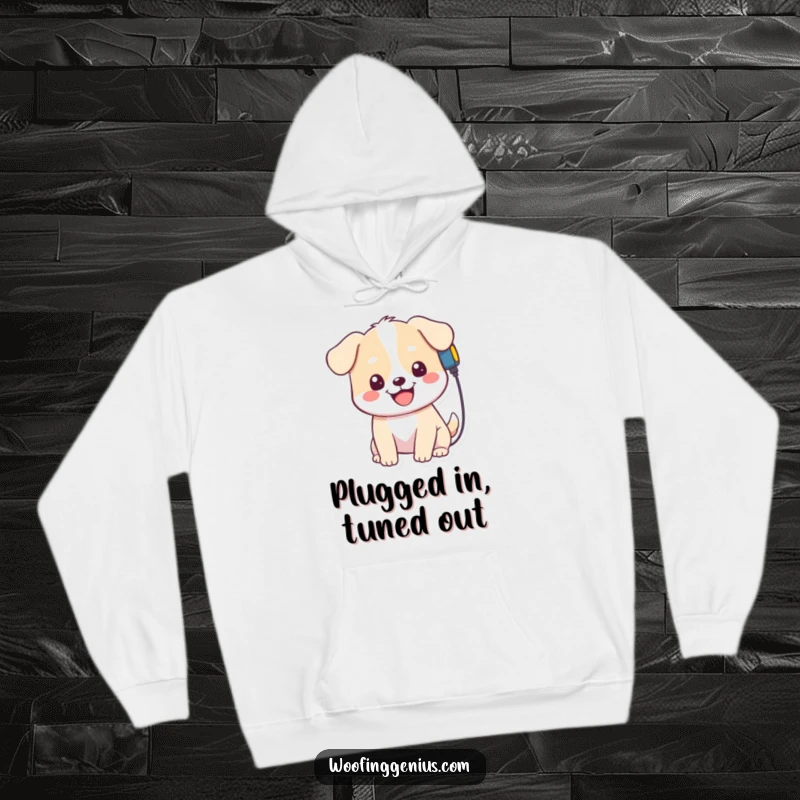 Funny Kawaii Dog Hoodie: A sweet character plugging a charger into its head, perfect as a funny and cozy gift.
