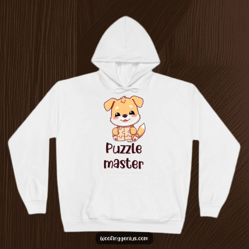 Funny dog hoodie, a smirking dog completing a jigsaw puzzle with a triumphant wag, perfect for puzzle lovers.