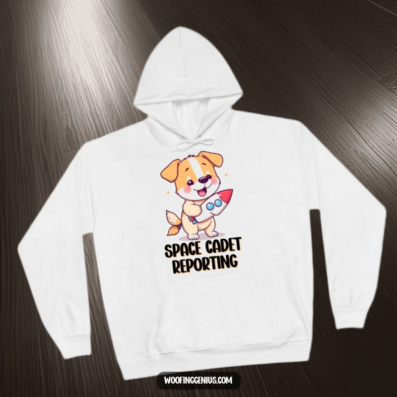Funny dog hoodie depicting a dog with a eureka expression holding a miniature rocket ship.