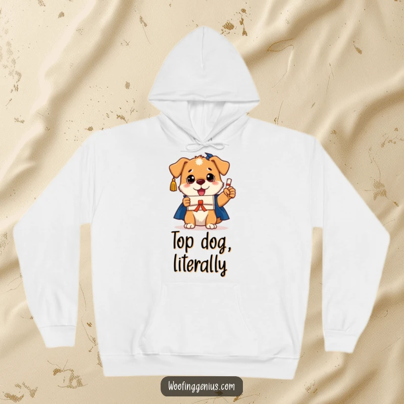 Funny dog graduation hoodie featuring a smart dog wearing a cap and triumphantly holding a tiny diploma, perfect for cozy academic celebration.