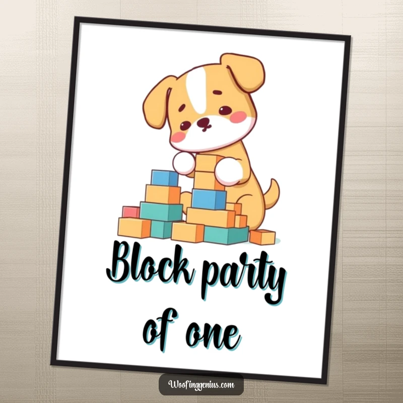 Funny Free Printable Wall Art: A dog meticulously arranging building blocks into an impressive towering structure, downloadable art.