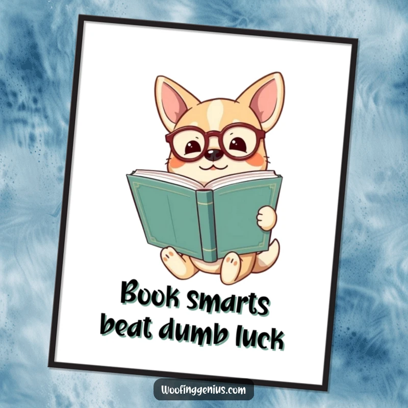 Funny Free Printable Wall Art: A dog wearing spectacles holding a huge ancient book, looking wise and enlightened.