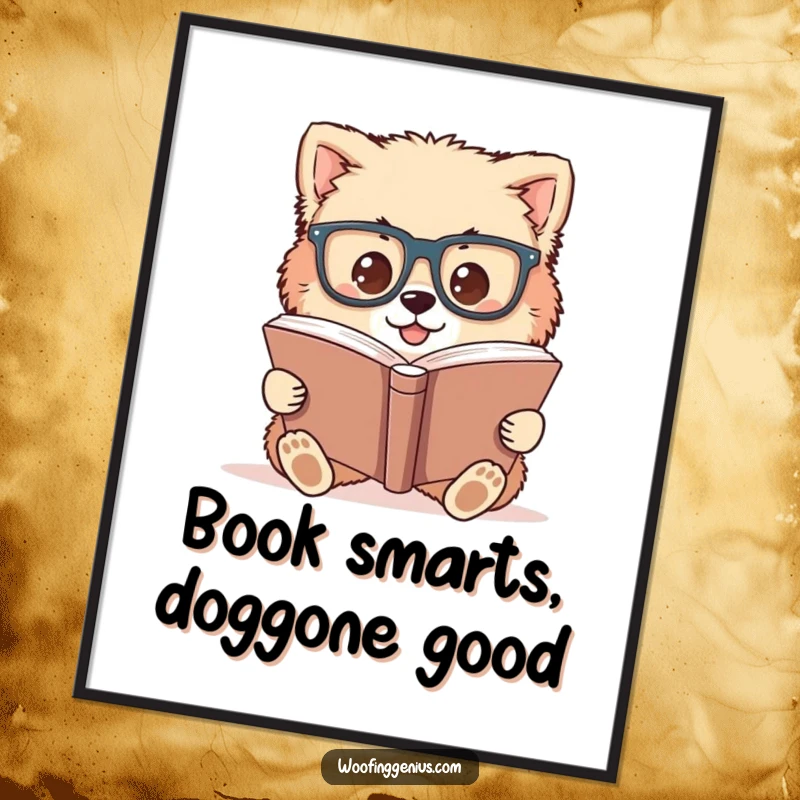 Funny Free Printable Wall Art: Fluffy dog wearing enormous glasses, engrossed in reading a massive book, intellectual and quirky.