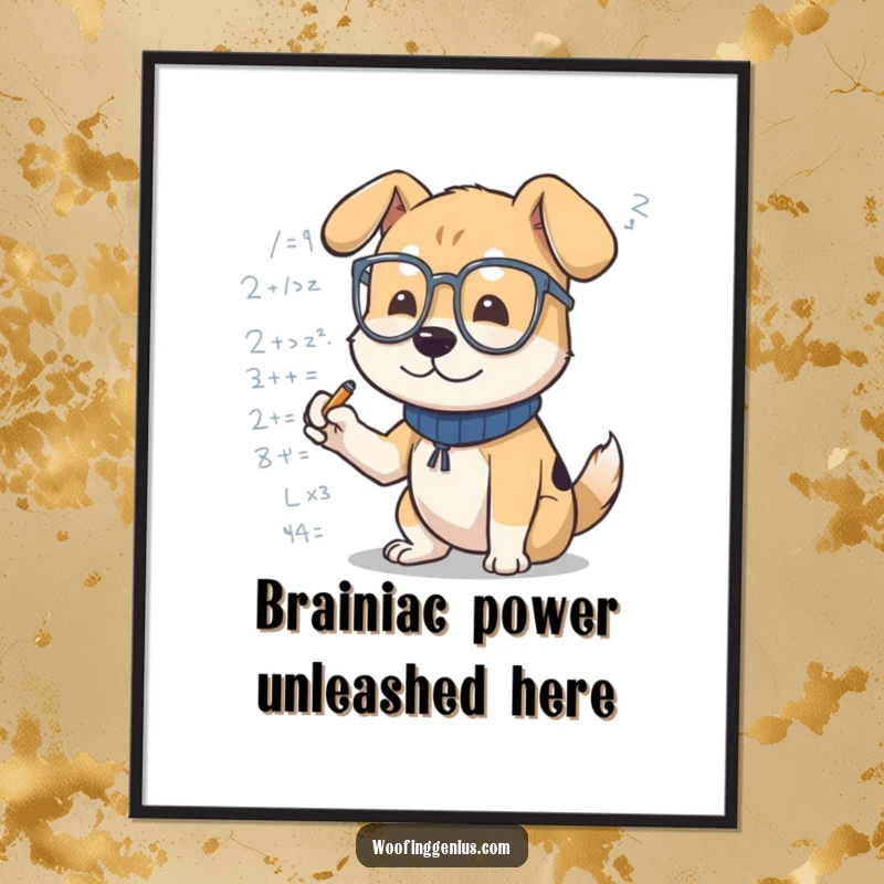 Funny Free Printable Wall Art: A dog wearing glasses intensely scribbling mathematical or scientific formulas with a pen in a studious manner.