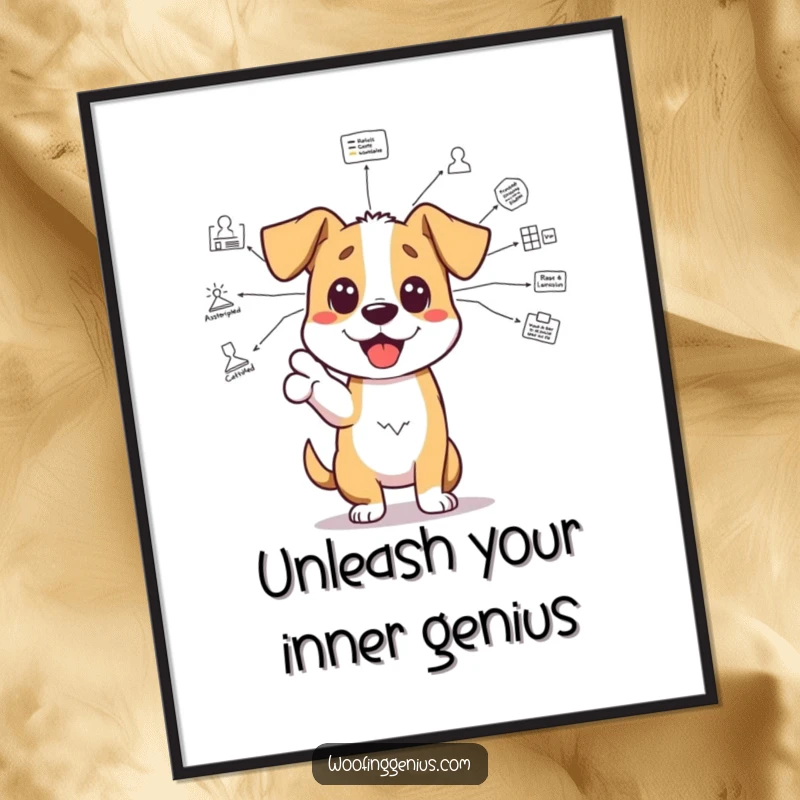 Funny free printable wall art: An energetic dog enthusiastically points its paw towards a detailed and intricate scientific diagram.