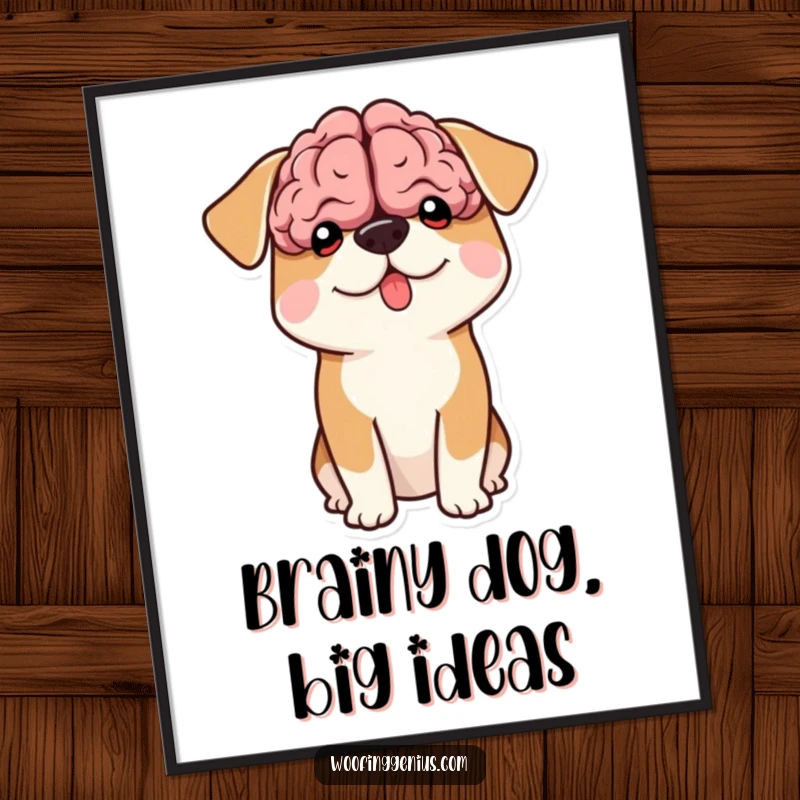 Funny Free Printable Wall Art: Dog with an exaggeratedly large, comical brain shape visibly emerging from its head, smart and funny.