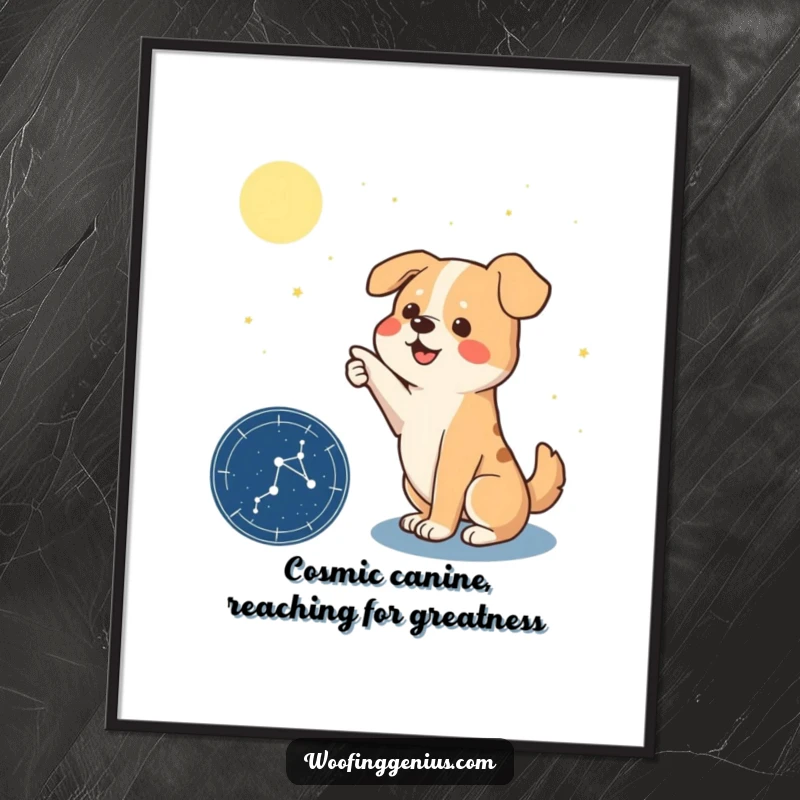 Funny Free Printable Wall Art: A dog dramatically points its paw towards a highlighted constellation on a detailed star chart.