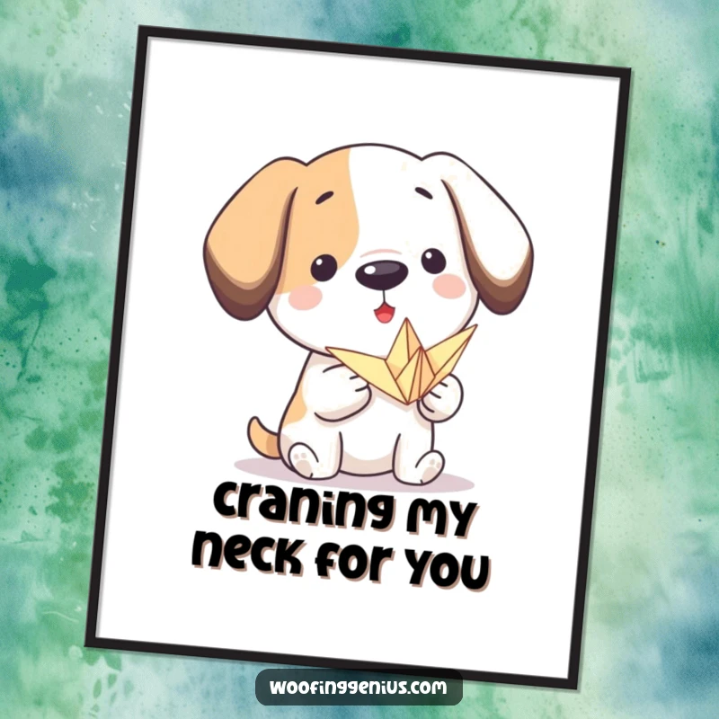 Funny free printable wall art: A proud dog presents a tiny, perfectly folded, intricate paper crane with artistic flair.
