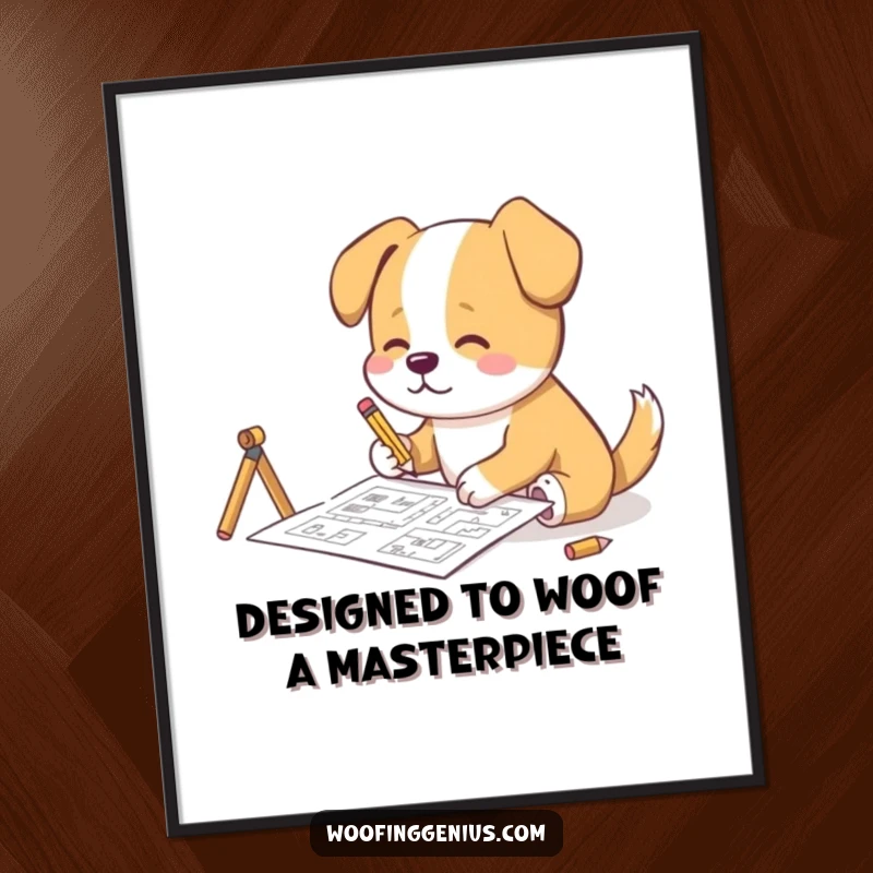 Funny Free Printable Wall Art: Dog sketching complex blueprints with a tiny pencil, intense concentration, architectural drawings, downloadable creative decor.