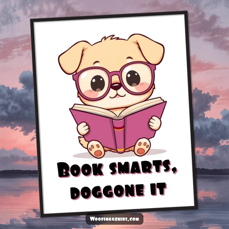 Funny Free Printable Wall Art: Adorable Kawaii dog wearing giant spectacles, engrossed in a thick book.