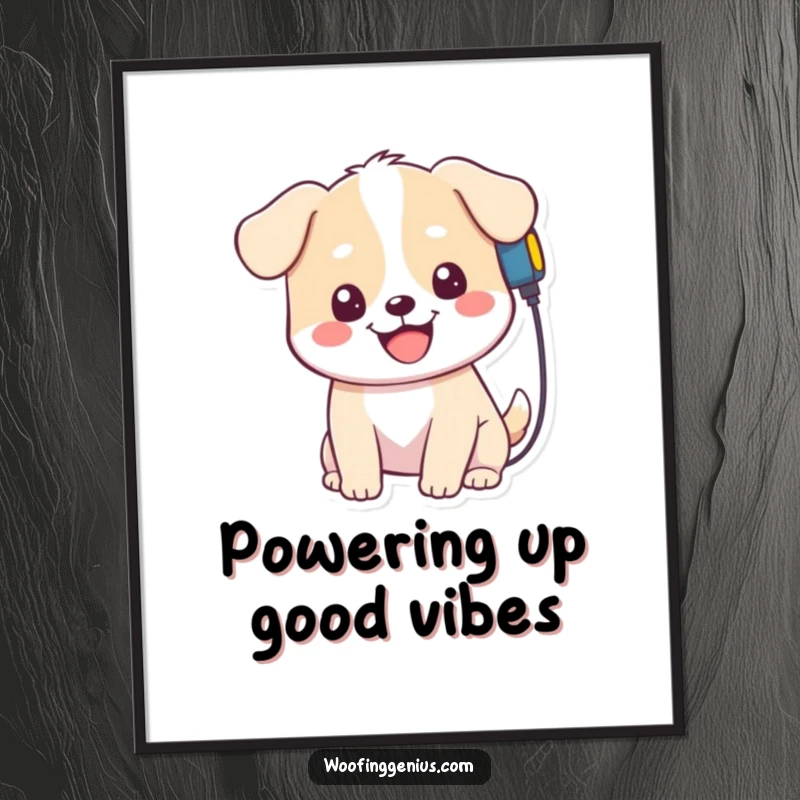 Funny Free Printable Wall Art: Kawaii dog smiling with a charger plugged into its own head, brilliantly quirky.