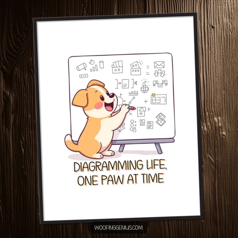 Funny Free Printable Wall Art: A dog excitedly drawing complex scientific diagrams on a whiteboard, a true innovator.