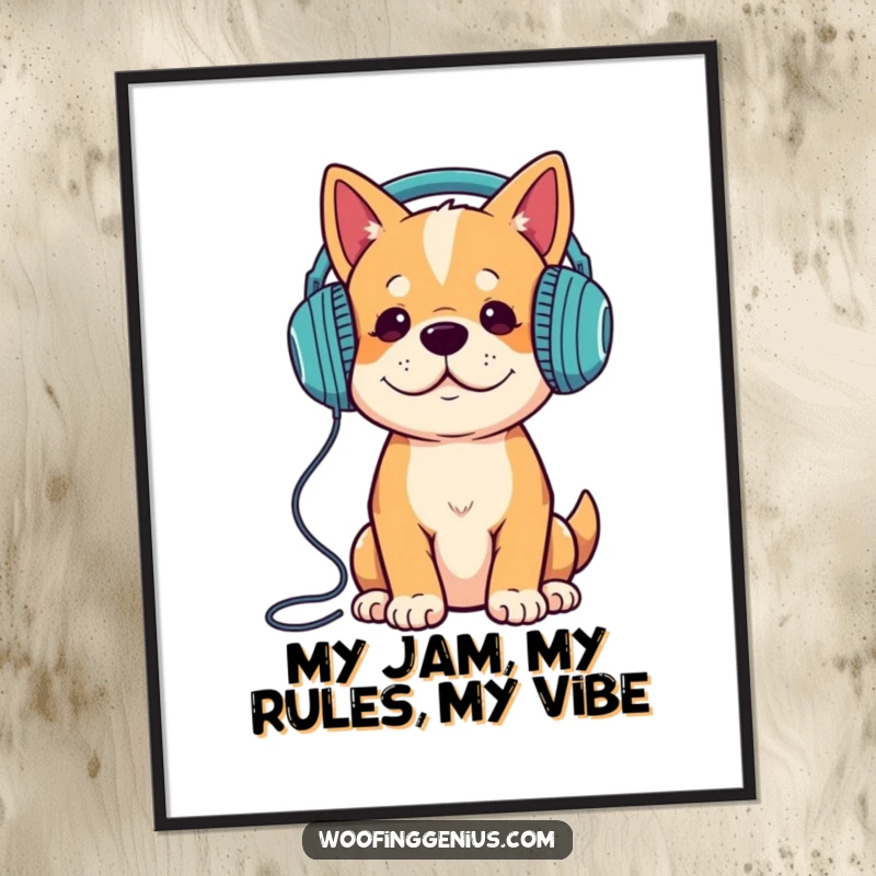 Funny Free Printable Wall Art: A dog wearing large headphones, absorbed in intense musical listening, radiating cool.