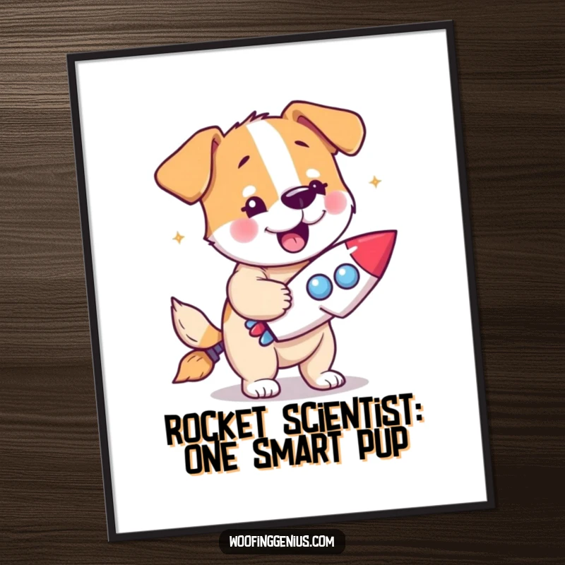 Funny Free Printable Wall Art: Dog with Eureka Expression Holding Miniature Rocket Ship.