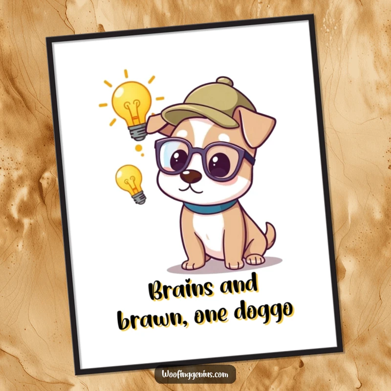Funny Free Printable Wall Art: Dog wearing glasses and a thinking cap, a bright lightbulb above, deep in thought, downloadable intellectual decor.