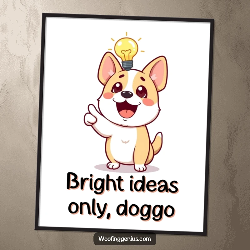 Funny Free Printable Wall Art: Excited dog with a lightbulb above head, pointing at a brilliant idea, perfect for smart home decor.