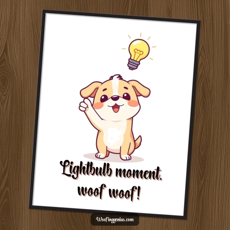 Funny Free Printable Wall Art: A dog excitedly points, a glowing lightbulb above its head, symbolizing innovation and smart ideas.