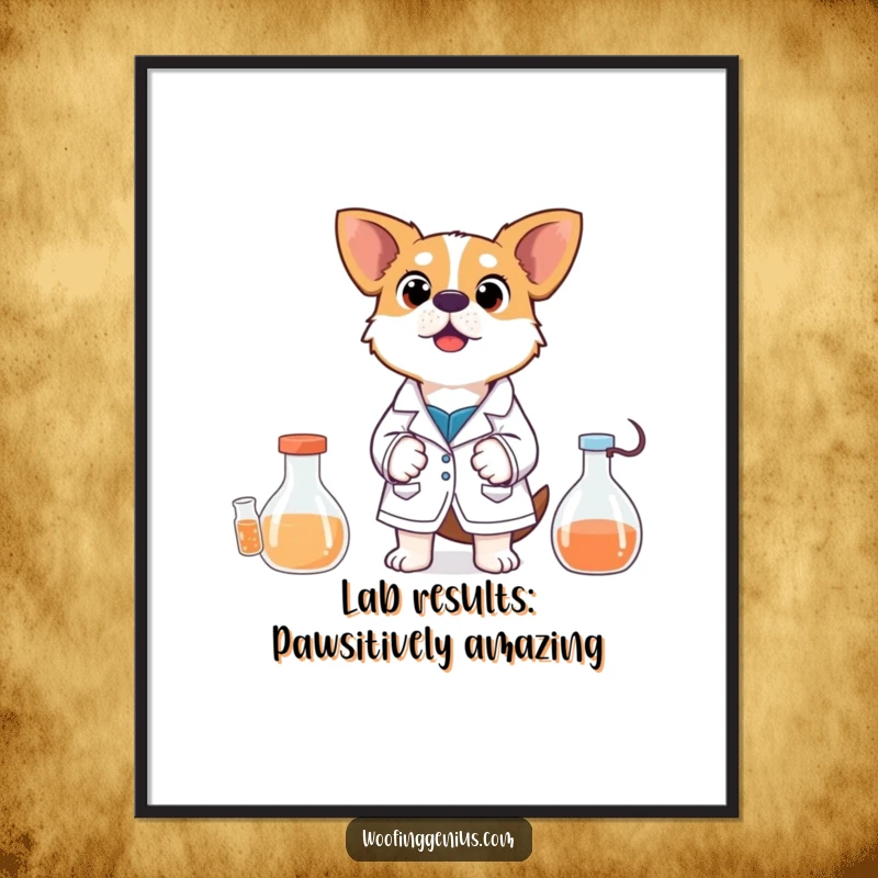 Funny Free Printable Wall Art: Dog in a lab coat, wide-eyed surprise at an experiment, bubbling beakers, scientific chaos, downloadable decor.