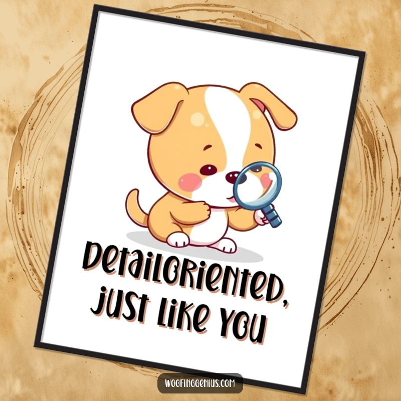 Funny Free Printable Wall Art: Dog uses magnifying glass to inspect tiny object, revealing details with downloadable art.