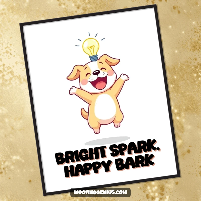 Funny Free Printable Wall Art: Exuberant dog bouncing, with a luminous lightbulb shining above its head, symbolizing inspiration.