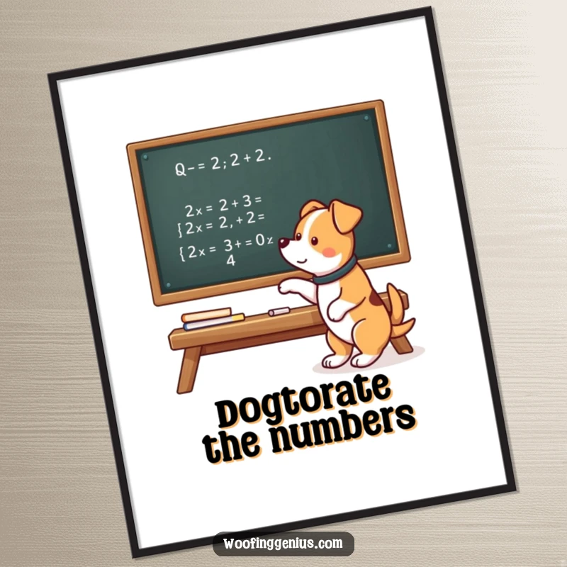 Funny Free Printable Wall Art: Smart dog points to complex math equation on chalkboard, looking intelligent for downloadable art.