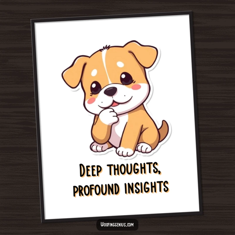 Funny Free Printable Wall Art: A dog tapping its chin with a paw, captured in a moment of deep, quiet contemplation.