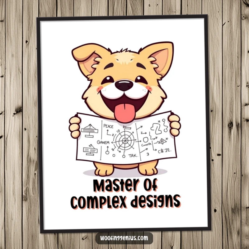 Funny Free Printable Wall Art: A dog with a huge triumphant grin proudly presenting a complex, detailed diagram.
