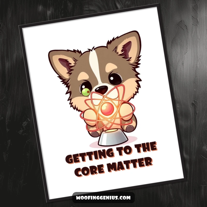 Funny Free Printable Wall Art showing a dog with an intensely curious gaze examining a spinning atom model, highlighting scientific wonder.