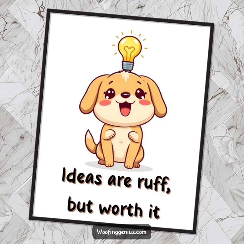 Funny Free Printable Wall Art: Dog with Lightbulb Above Head Energetically Explaining Idea.