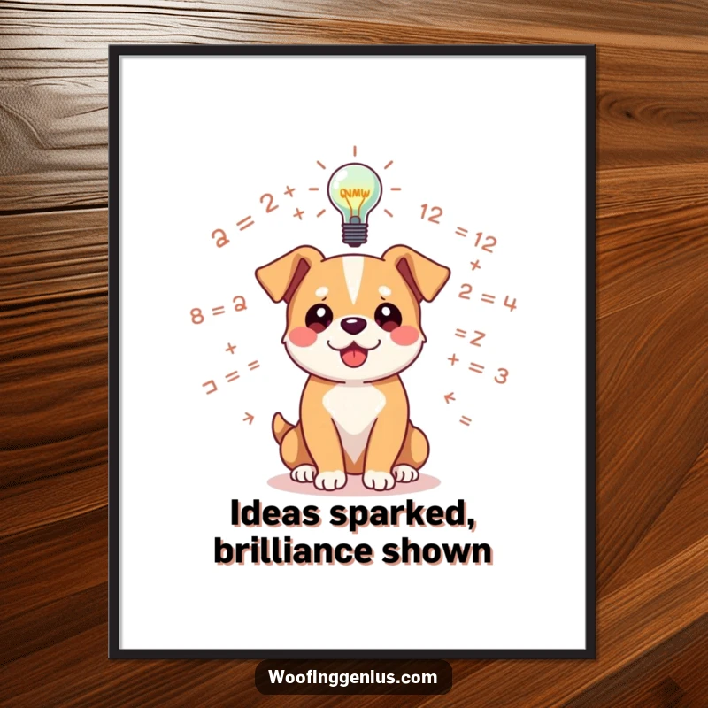 Funny Free Printable Wall Art: A dog contemplating floating equations with a bright, illuminated lightbulb hovering overhead.