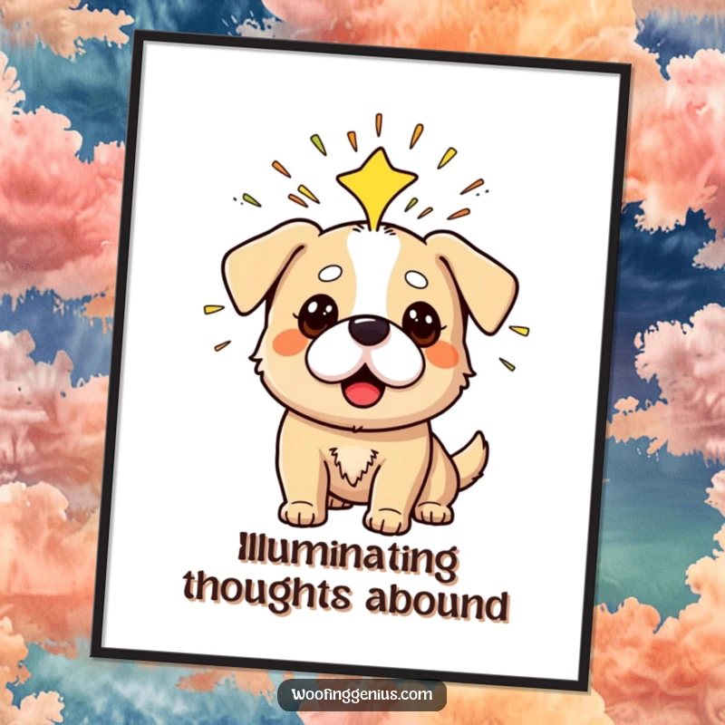 Funny Free Printable Wall Art illustrating a dog’s sudden flash of insight, with bright sparks erupting from its head.