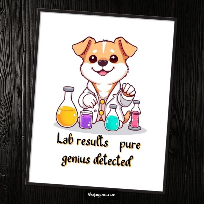 Funny Free Printable Wall Art: Dog in Tiny Lab Coat Mixing Colorful Liquids with a Smile.