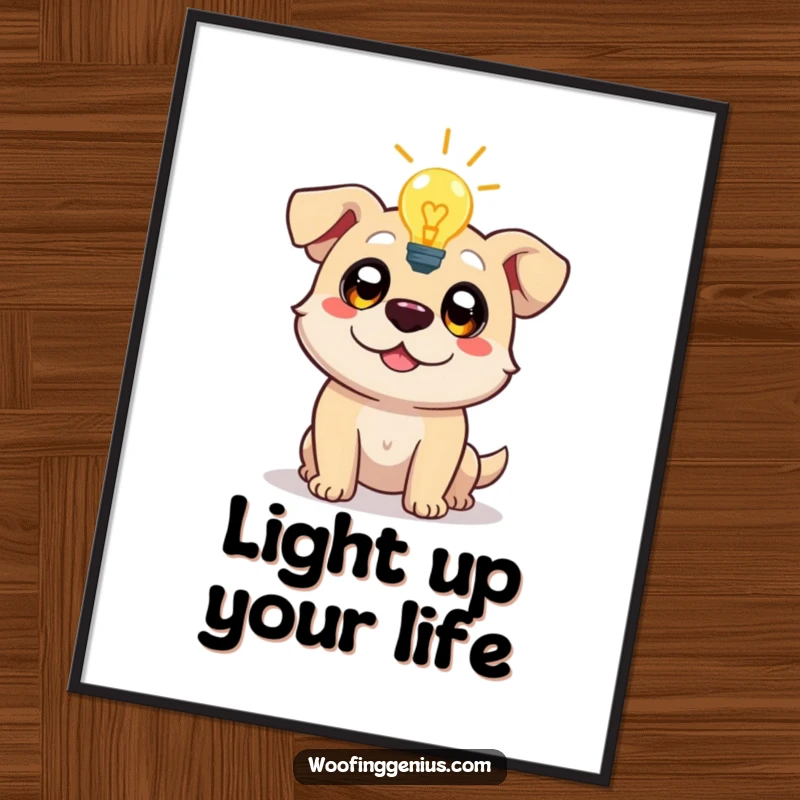 Funny Free Printable Wall Art: A dog with wide eyes showing a sudden lightbulb moment of inspiration, ideal for creative spaces.