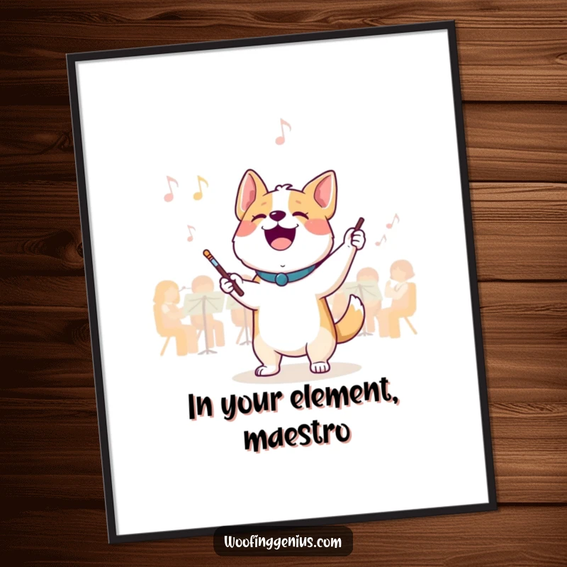 Funny free printable wall art: A dog joyfully conducts an invisible orchestra with a tiny baton, exuding musical passion.