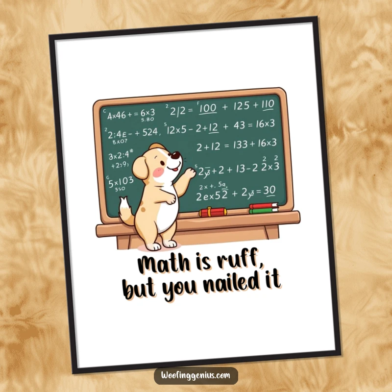 Funny Free Printable Wall Art: Dog Excitedly Pointing at Complex Math Equations on Chalkboard.