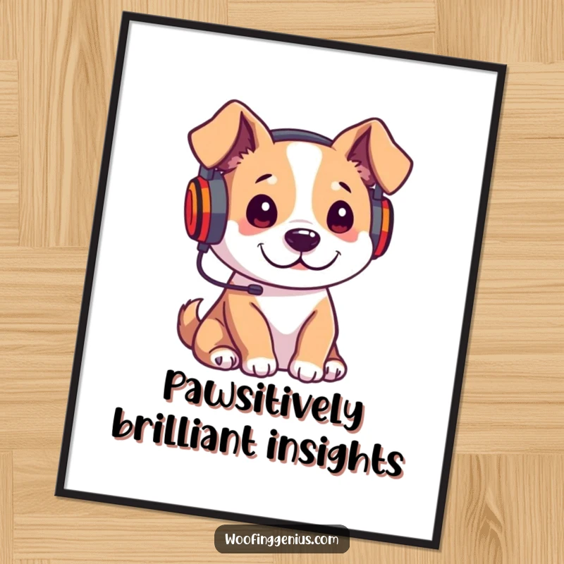 Funny Free Printable Wall Art: Dog wears headphones, intently listening to a lecture, looking focused for downloadable art.