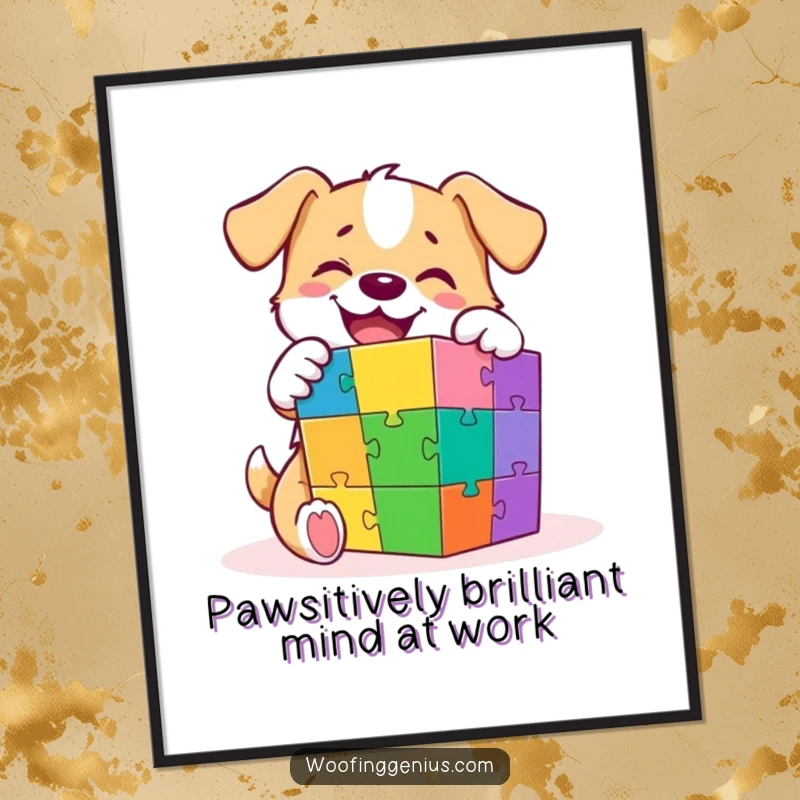 Funny Free Printable Wall Art: An intelligent dog gleefully focuses on solving a vibrant, multi-colored puzzle cube.
