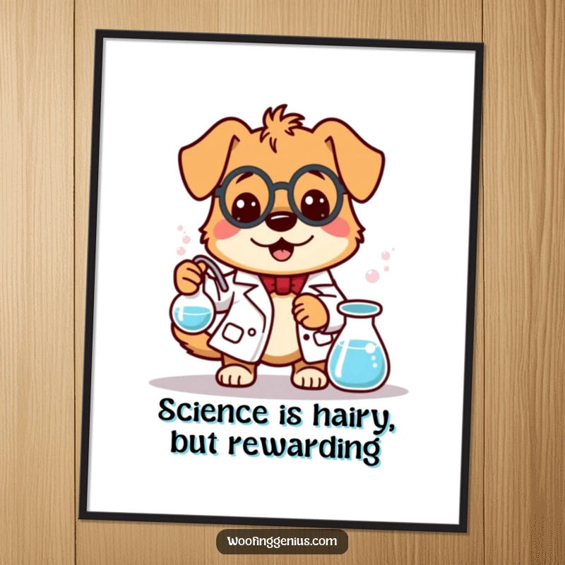 Funny Free Printable Wall Art: A dog wearing a lab coat stirs a bubbling beaker, creating a humorous scene.