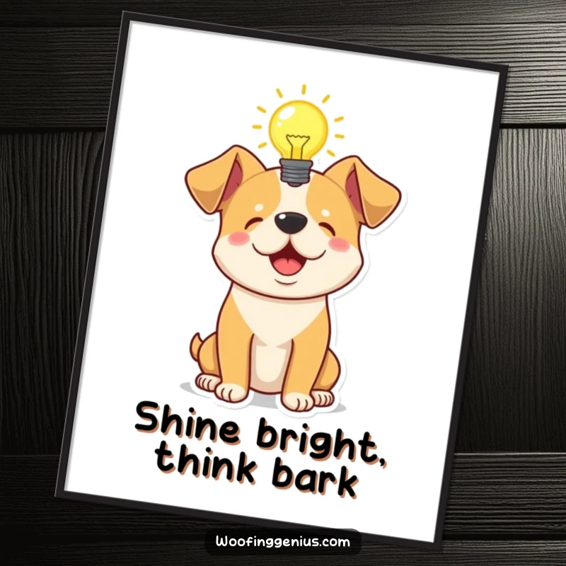 Funny Free Printable Wall Art: A dog with a brightly glowing lightbulb above its head, symbolizing inspiration and clever ideas.