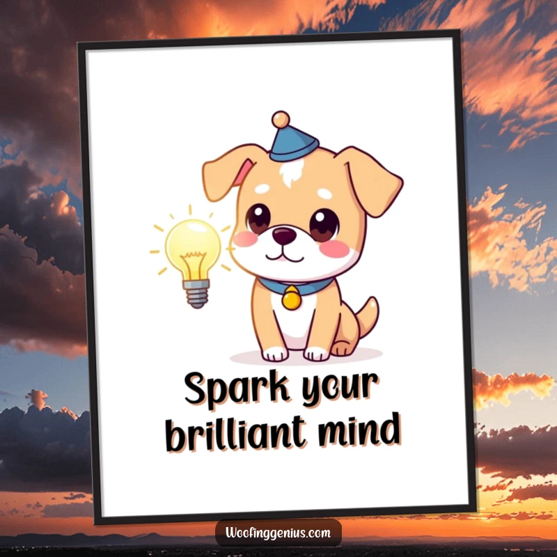 Funny Free Printable Wall Art: Clever dog wearing a tiny thinking cap, holding a glowing lightbulb, symbolizing innovation.