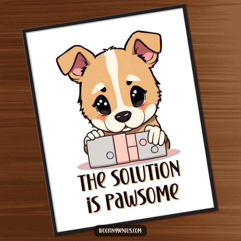 Funny Free Printable Wall Art: A dog with a thoughtful gaze looking at a complex puzzle that is perfectly solved, downloadable art.