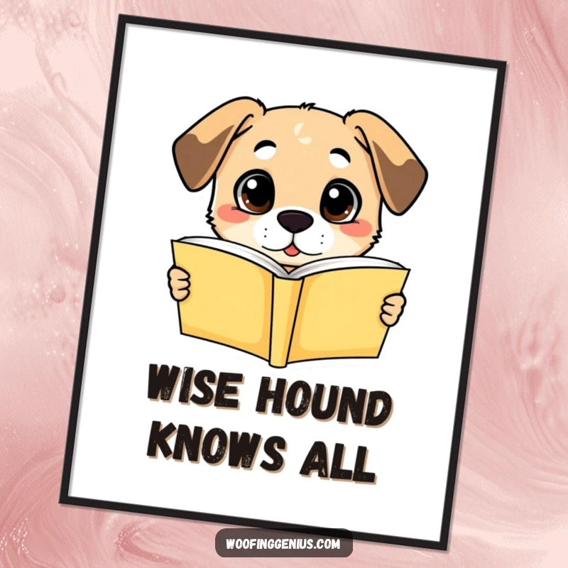 Funny Free Printable Wall Art of a dog with wide eyes suddenly understanding a book, perfect for a witty decor piece.